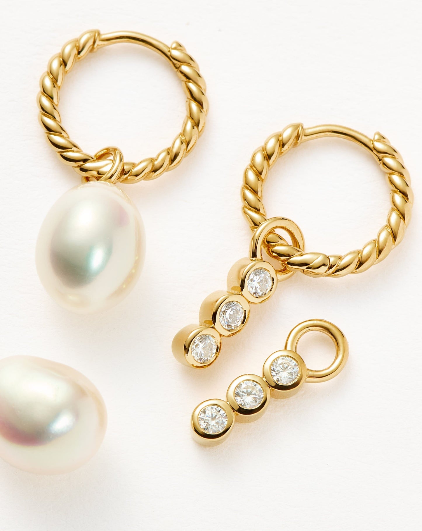 Twisted Pearl and Drop Hoop Earrings Set in Gold Plated Vermeil