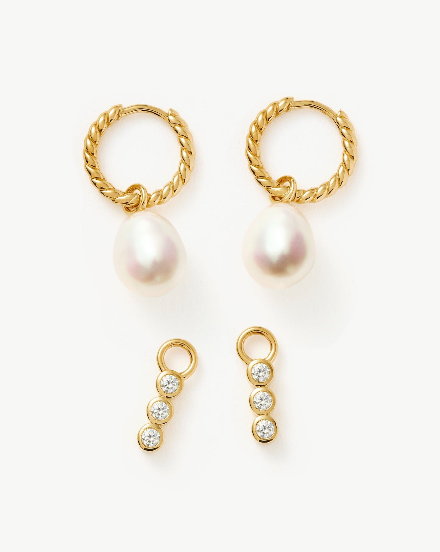 Twisted Pearl and Drop Hoop Earrings Set in Gold Plated Vermeil