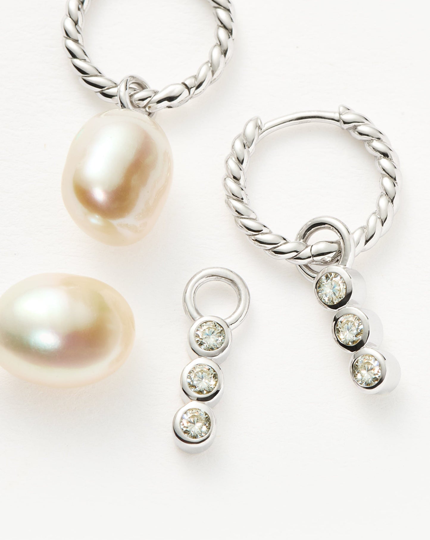 Twisted Pearl and Drop Hoop Earrings Set in Silver