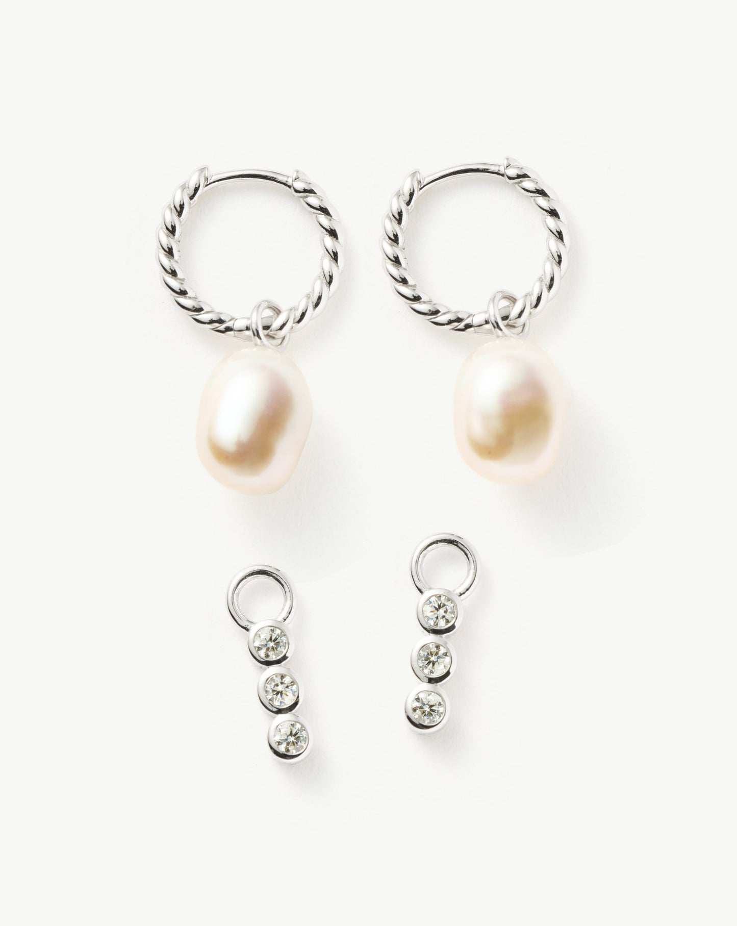 Twisted Pearl and Drop Hoop Earrings Set in Silver