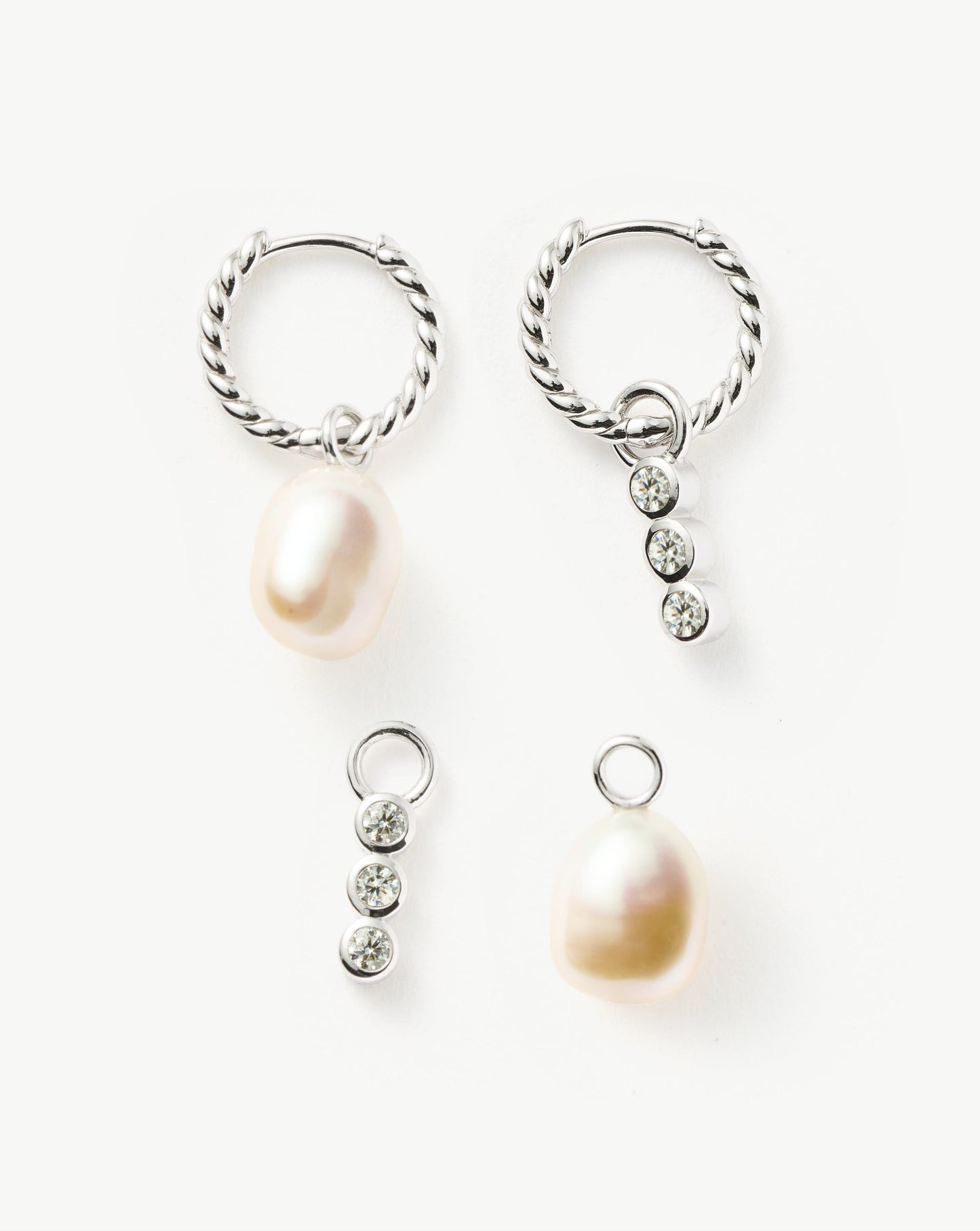 Twisted Pearl and Drop Hoop Earrings Set in Silver