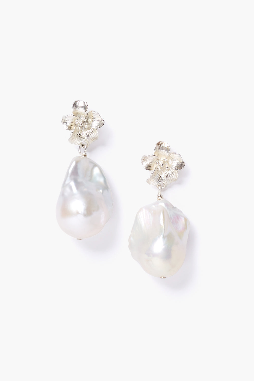 Elegant Silver Pearl Drop Earrings with Hibiscus Design