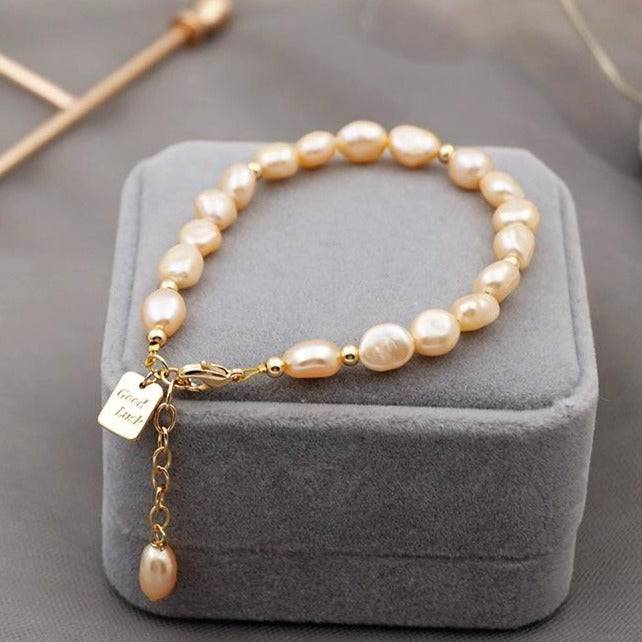 Engraved Pearls Bracelet with Lucky Charm